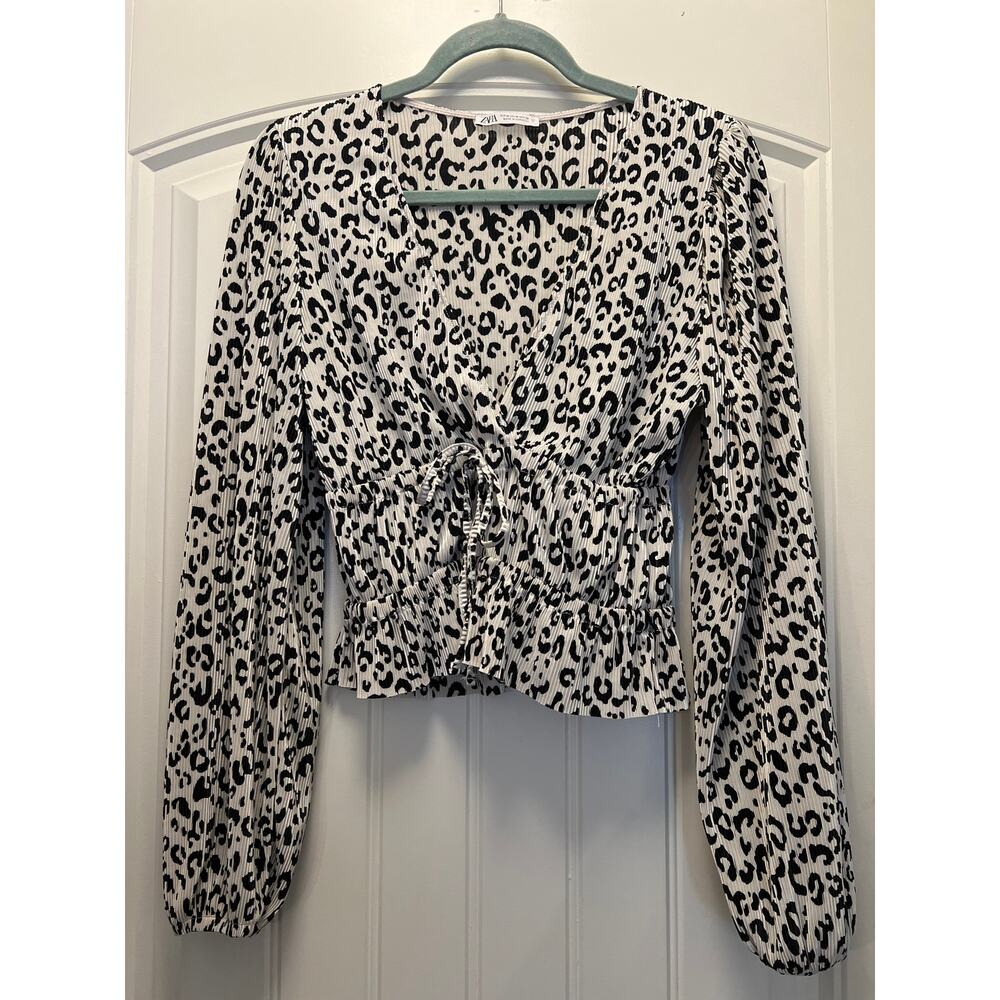 Zara‎ Women’s Leopard Print Long Sleeve Top Size M Beige Black Ribbed Tie Front
